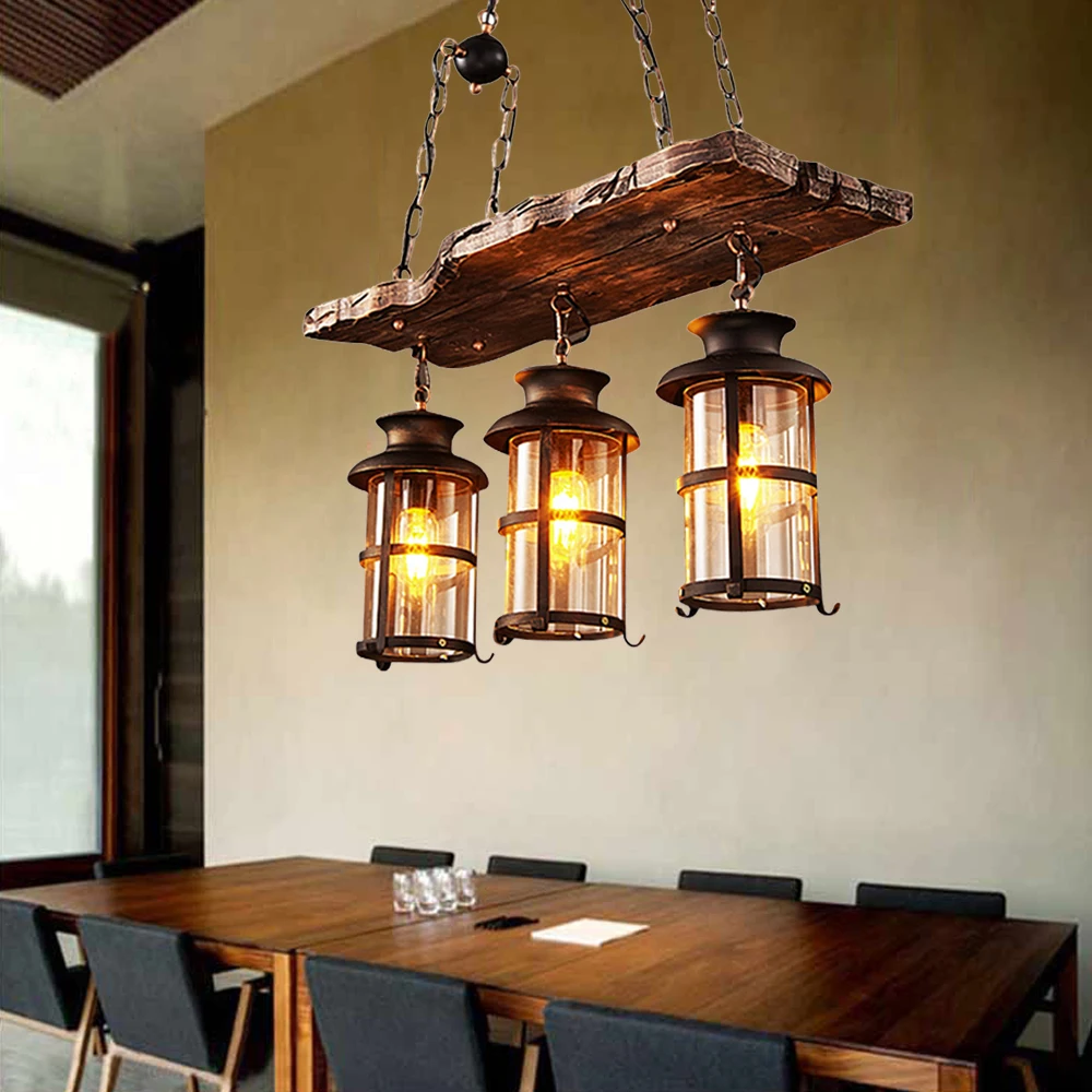 Rustic Country Chandelier Industrial Wood 3 Light Island Pendant Light Fixture