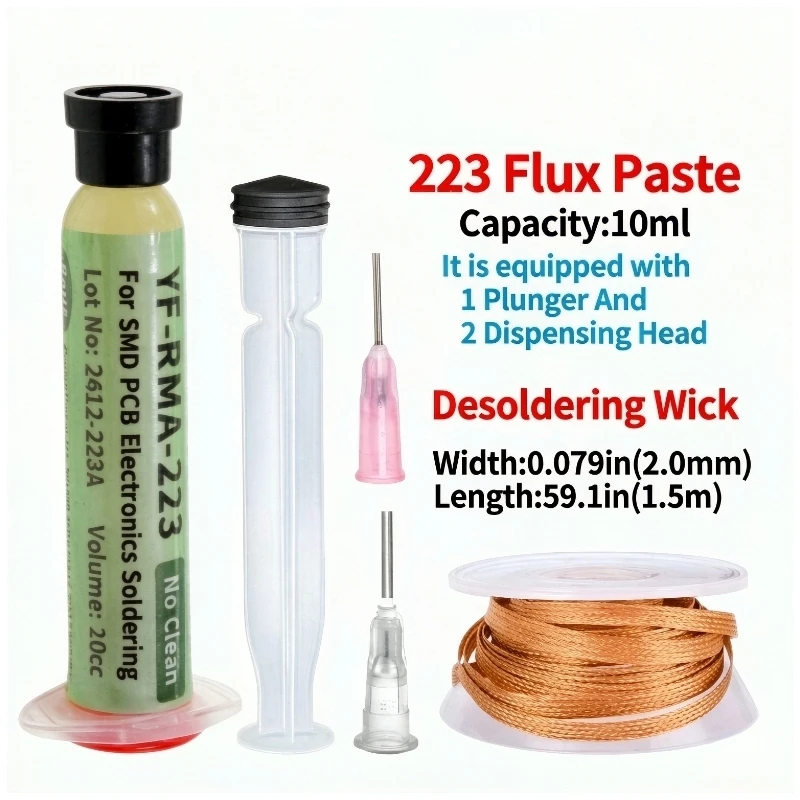 223 Desoldering Braid & NC-223 Flux Paste Syringe Kit, Solder Remover Wire Set For PCB Electronic Component Repair Rework Tool