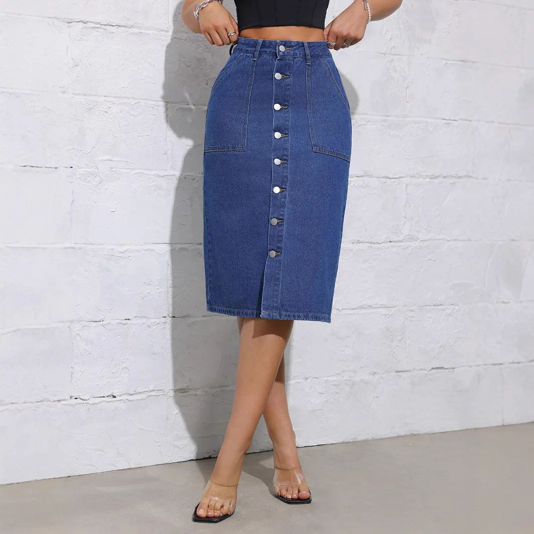 

Летняя женская джинсовая юбка с высокой талией и пуговицами, однотонная юбка-миди, нерегулярный дизайн с разрезами, юбка до середины икры
