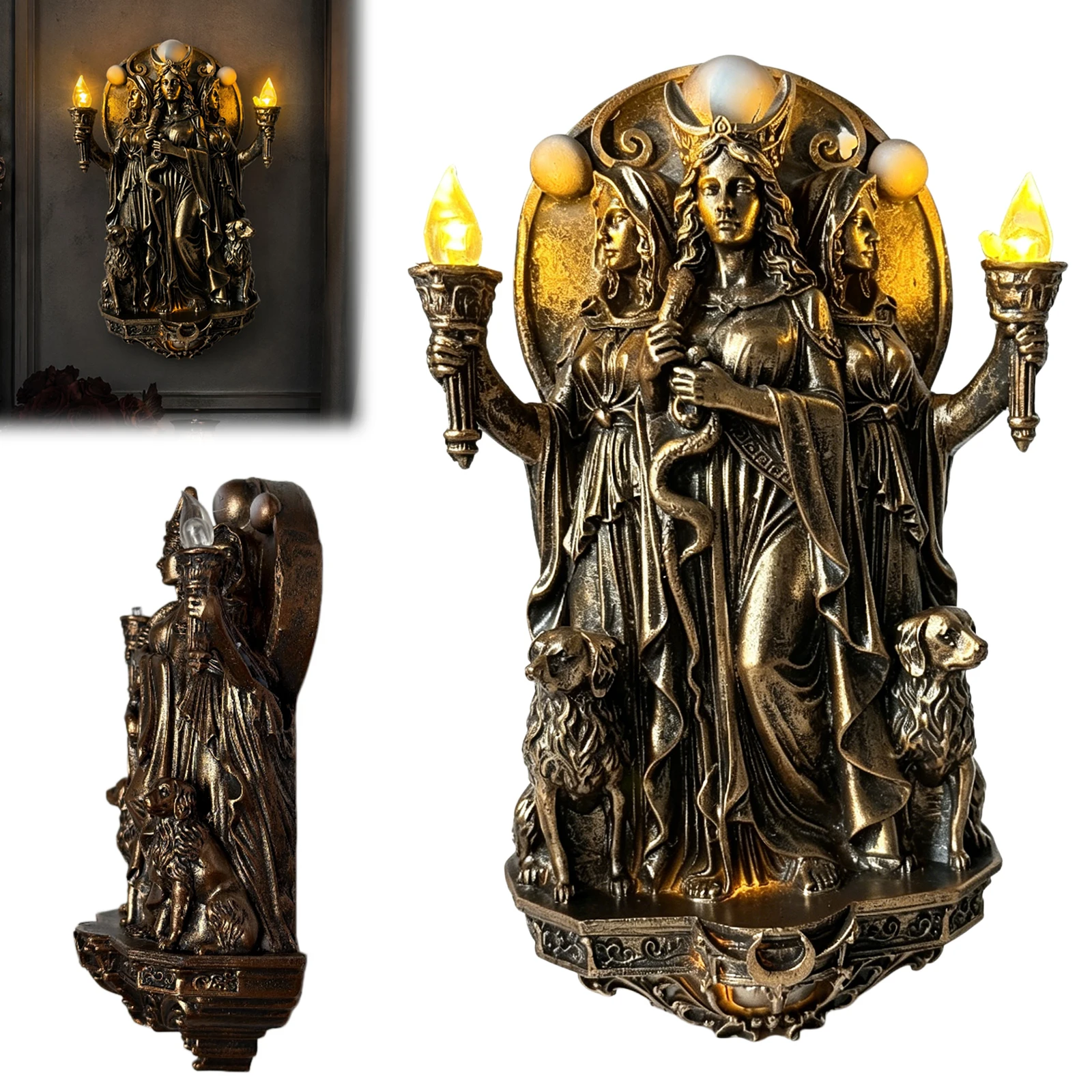 Triple Goddess LED Wall Light with Torches & Dogs Wall Sconces Cordless Design Sconce Lamps for Bedroom Stair Hallway