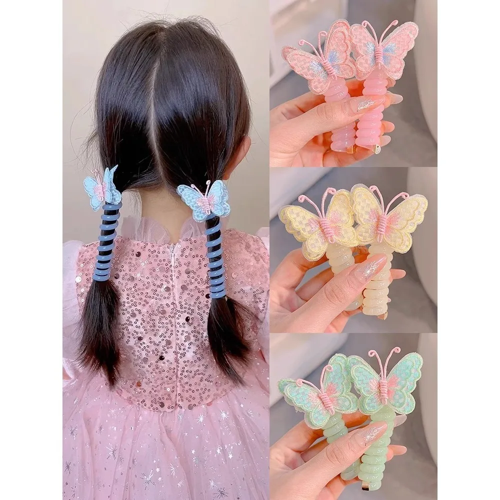 Cute Elastic Telephone Wire Line Butterfly DIY Ponytail Holder Phone Cord Hair Bundle Double Ponytails