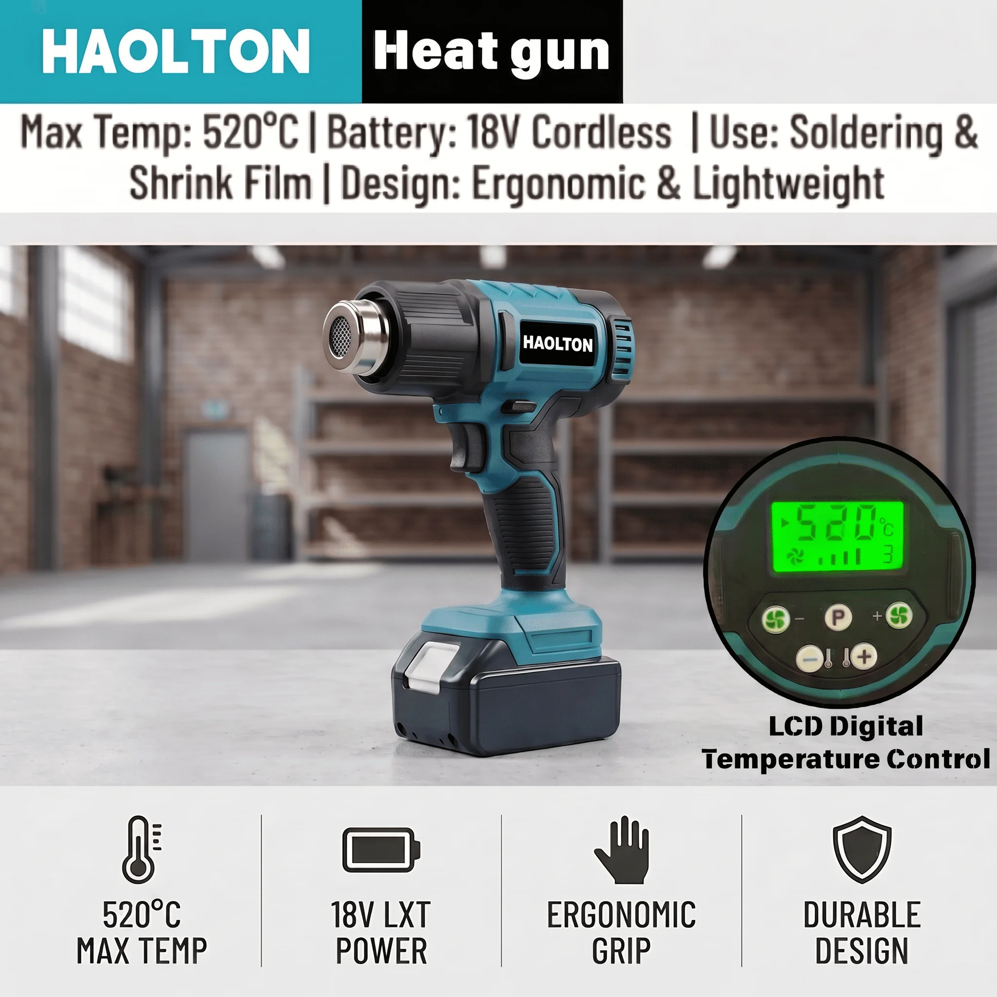 Cordless Heat Gun For Shrink Tubing - HAOLTON コードレスヒートガン 60-520 ° C、3ノズル、シュリンクチューブビニールラップ用熱風ガン、マキタ18Vバッテリー対応（本体のみ）