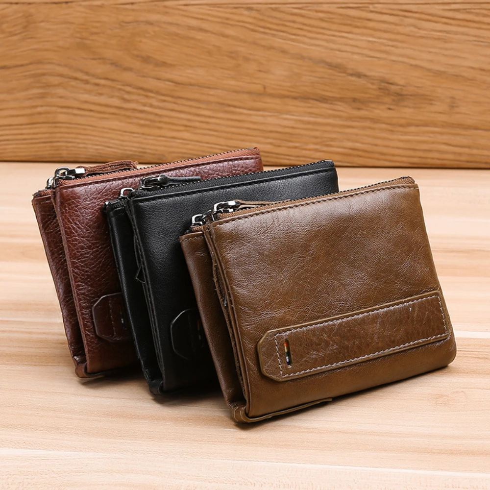 Crazy Horse Cowhide Men's Wallet / RFID Anti-theft Brush Cowhide Short Men's Ticket Wallet / Double Zipper Coin Wallet