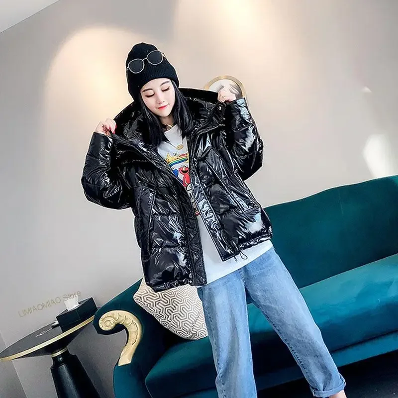 New Winter Women Thick Warm Bright Black Shiny Parka Cotton Jacket Fashion Hooded Glossy Down Cotton-Padded Outerwear