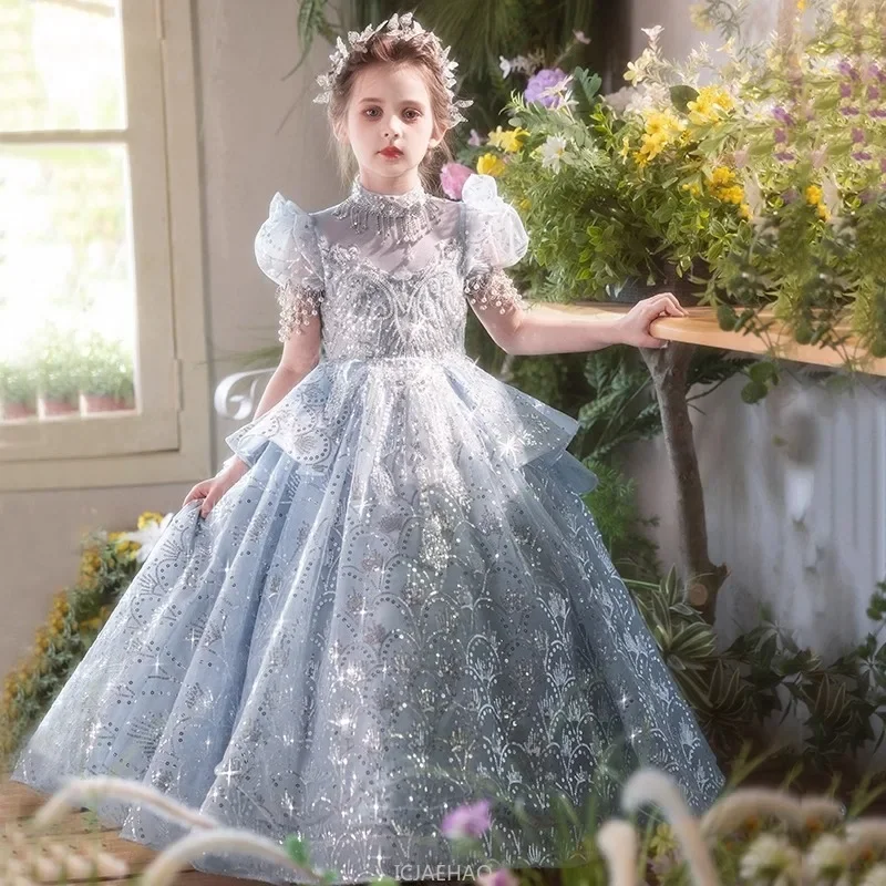 Long Dress Luxury Kids Girls Princess Birthday Gown Costume Flower Girl Wedding Dresses Children Host Piano Performance Outfit