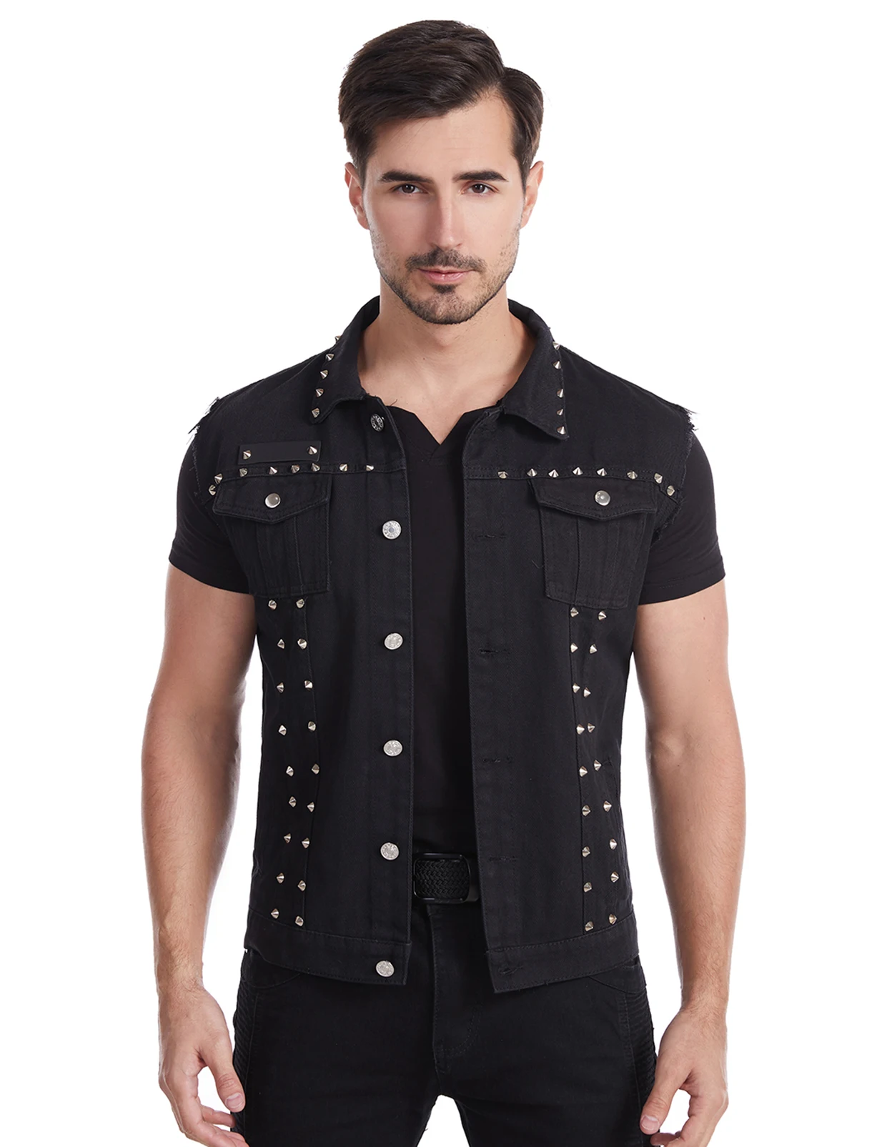 

Idopy Fashion Mens Rivet Denim Vest Punk Party Studded Slim Fit Jean Jacket Male Sleeveless Waistcoat For Men Plus Size