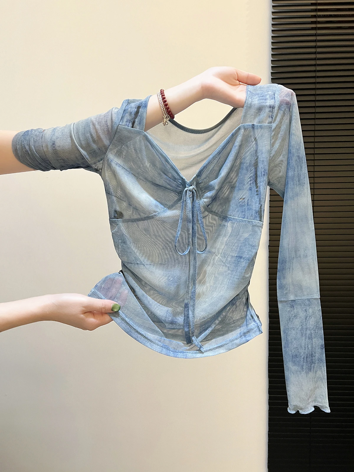 

Tie-Dye Print Long Sleeve Mesh T-Shirt Women's Early Autumn Waist-Cinching Square Collar Sexy Sunshade Cover up Korean Style