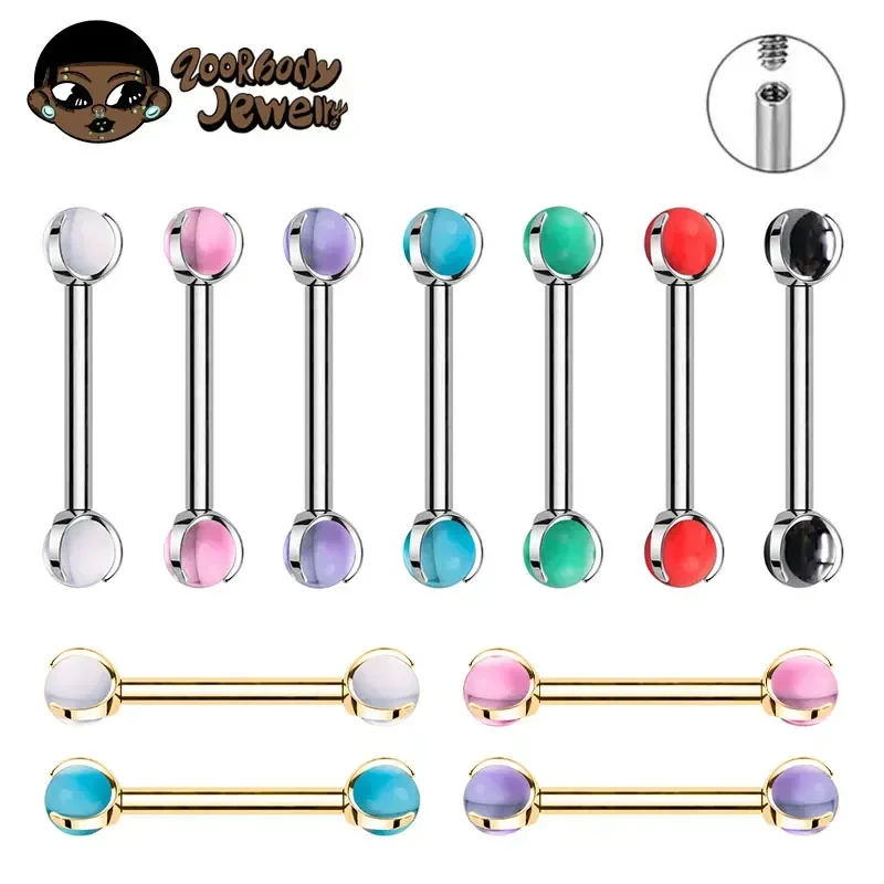 ASTM F136 Piercing de titanio para pezón, barra recta de rosca interna de 14G con anillo de lengua de cristal, Piercing Industrial para pezón