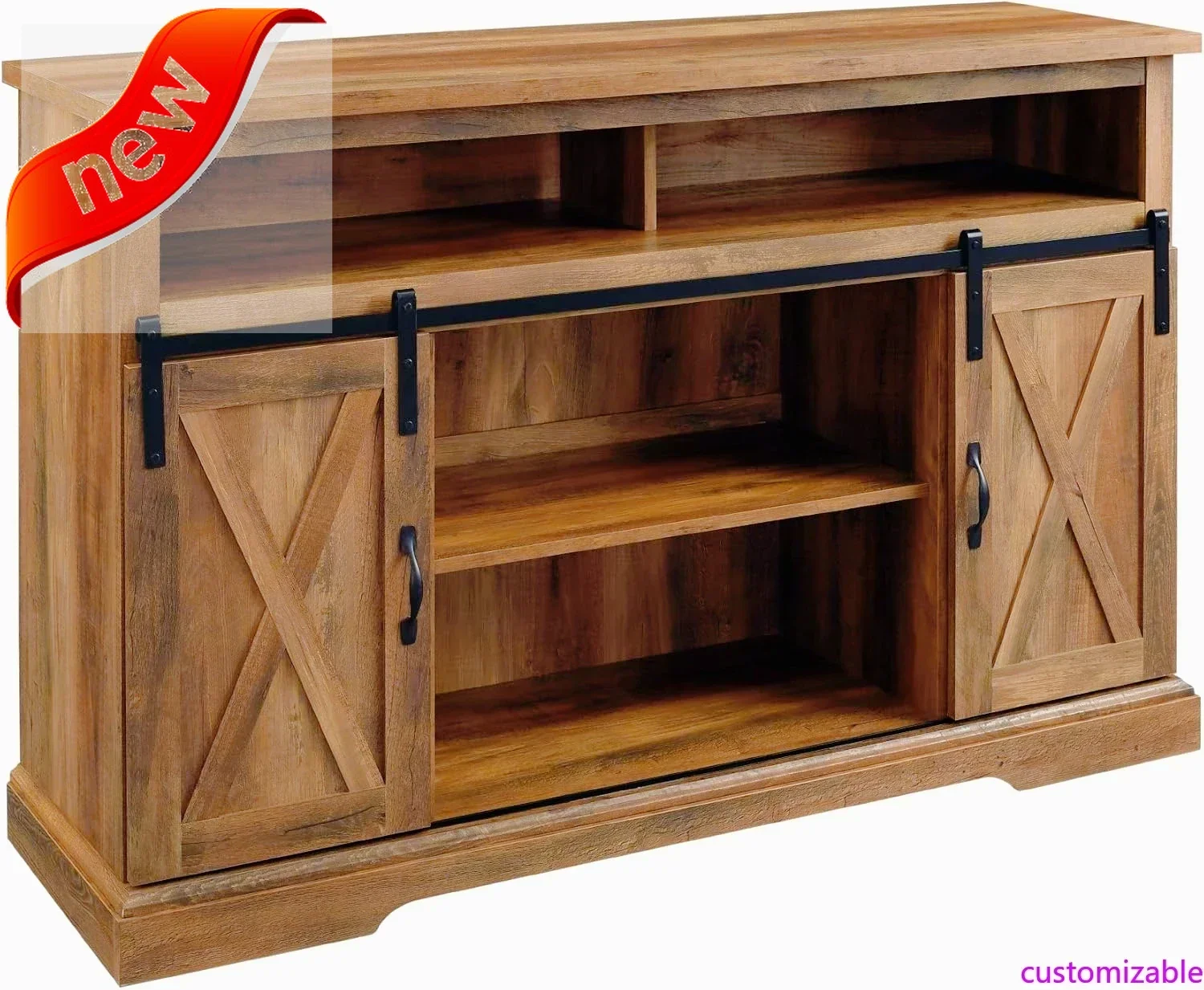 Customizable-Clayton Farmhouse Sliding Double Barn Door TV Stand For TVs Up To 58 Inches, 52 Inch, Rustic Oak