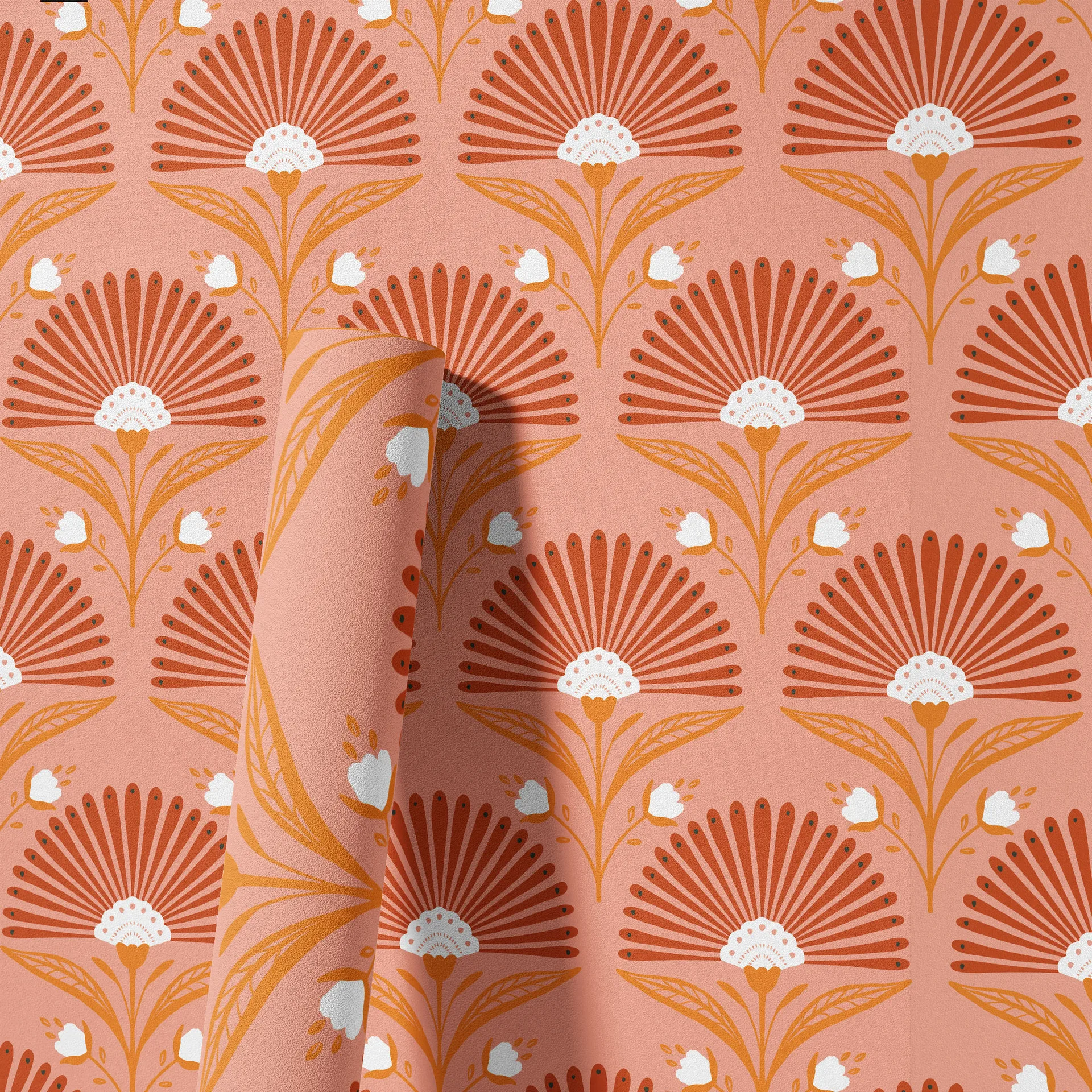 1pc Modern Orange Geometric Fan Shaped Floral Peel And Stick Wallpaper Vintage Self Adhesive Removable Contact Paper for Walls