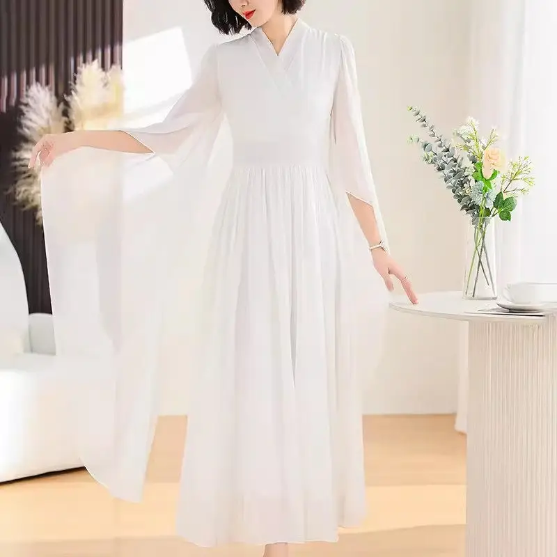 

New Chinese Style Han Element Dress White Cross Neck 2024 Summer New Fashion Women's Clothing Elegant Chiffon Dress K416