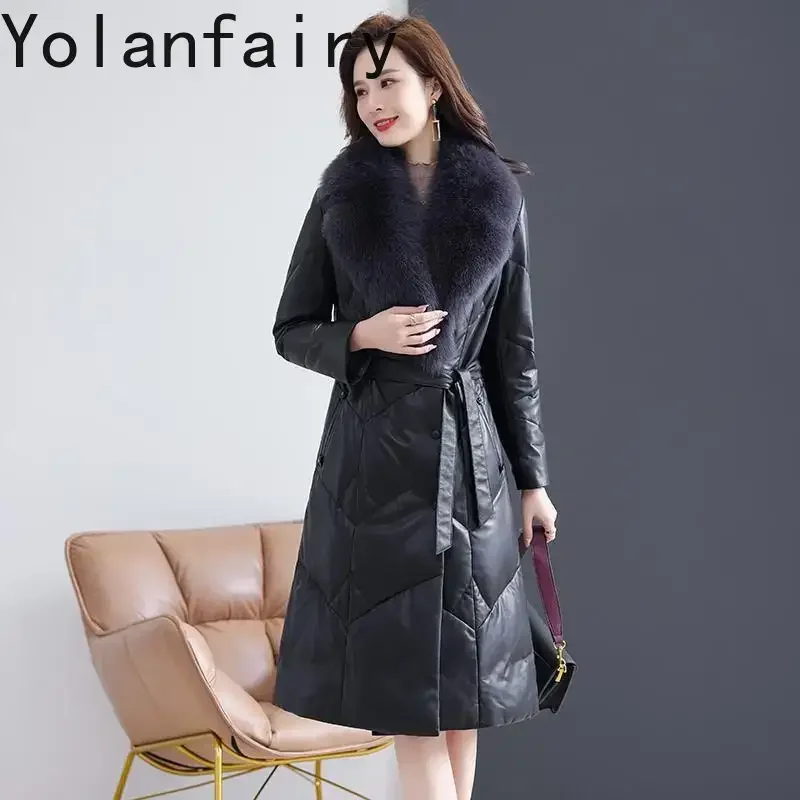 YOLANFAIRY Genuine Leather Down Jacket Women Clothes Mid-long Pure Sheepskin Jacket Belt Fashion Trench Coat Fox Fur Collar
