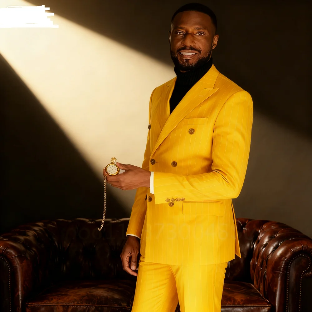 

Men's Slim Fit Blue Striped Suit Double Breasted Peak Lapel Smoking Blazer 2-Piece Wedding Groomsmen Tuxedo Ensemble