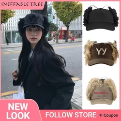 Feather Retro Leopard Plush Baseball Caps Letter Embroidered Streetwear Daily Hat Sunscreen Bomber Hat for Women Casquette Femme