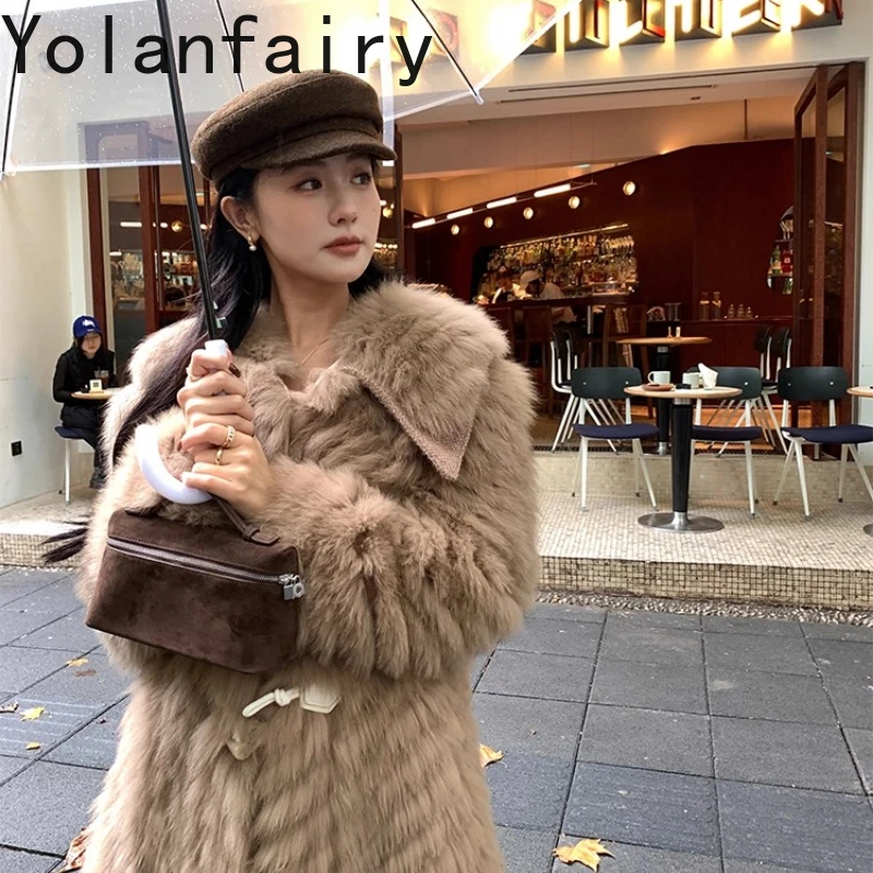 

YOLANFAIRY women's winter real fox fur coat lapel collar long sleeve warmth commuter style natural whole fox overcoats lady 2025