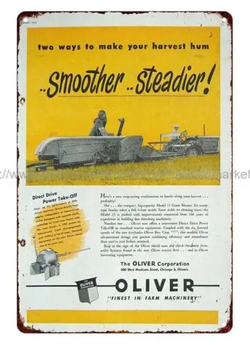 home kitchen 1949 Oliver Model 15 Grain Master harvesting farm metal tin sign