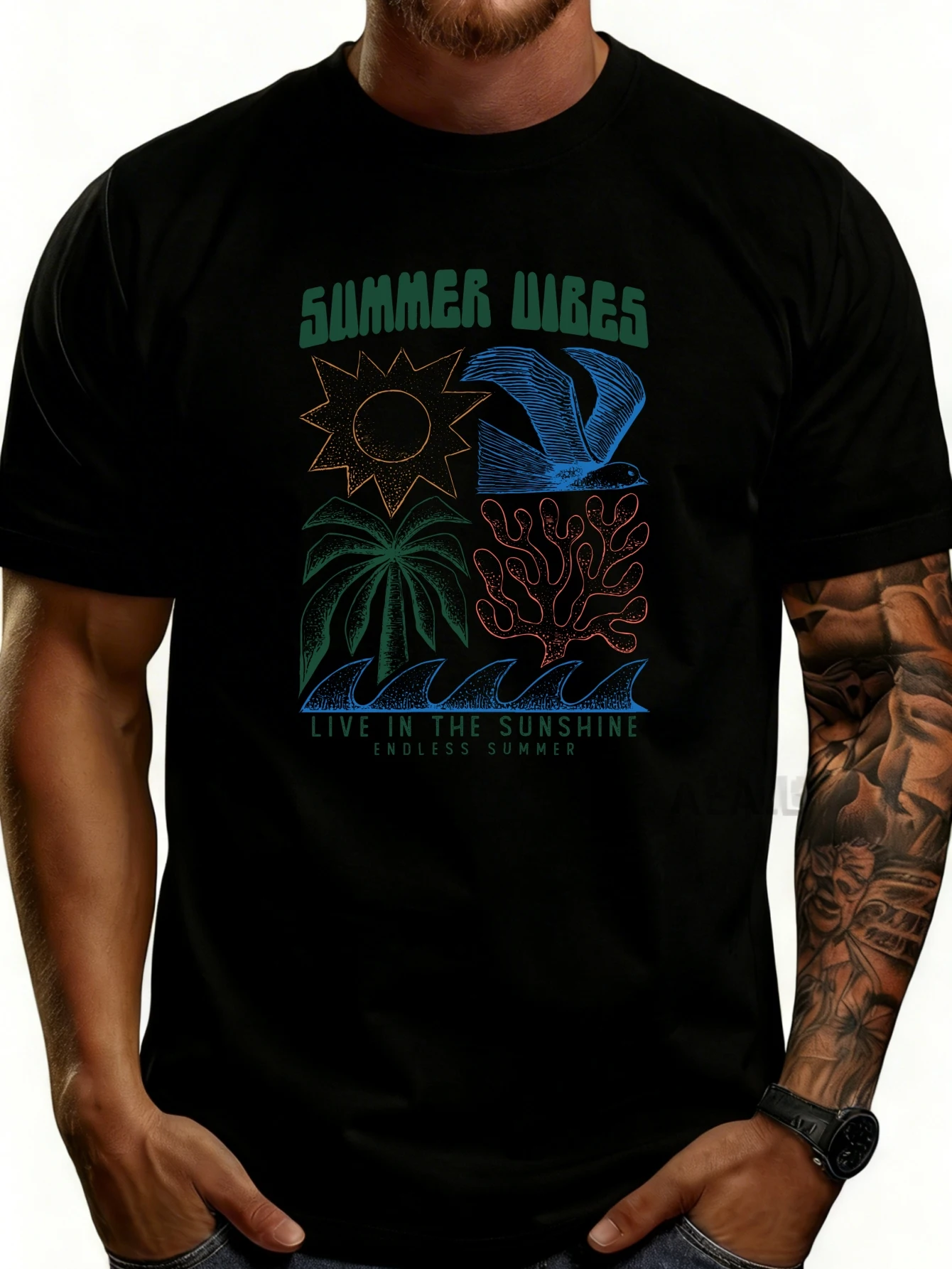 Casual Summer Style Men's T-Shirt with Sun, Palm Tree, and Coral Design, Perfect for Beach and Vacation Wear, and Is the Perfect Gift for Him.