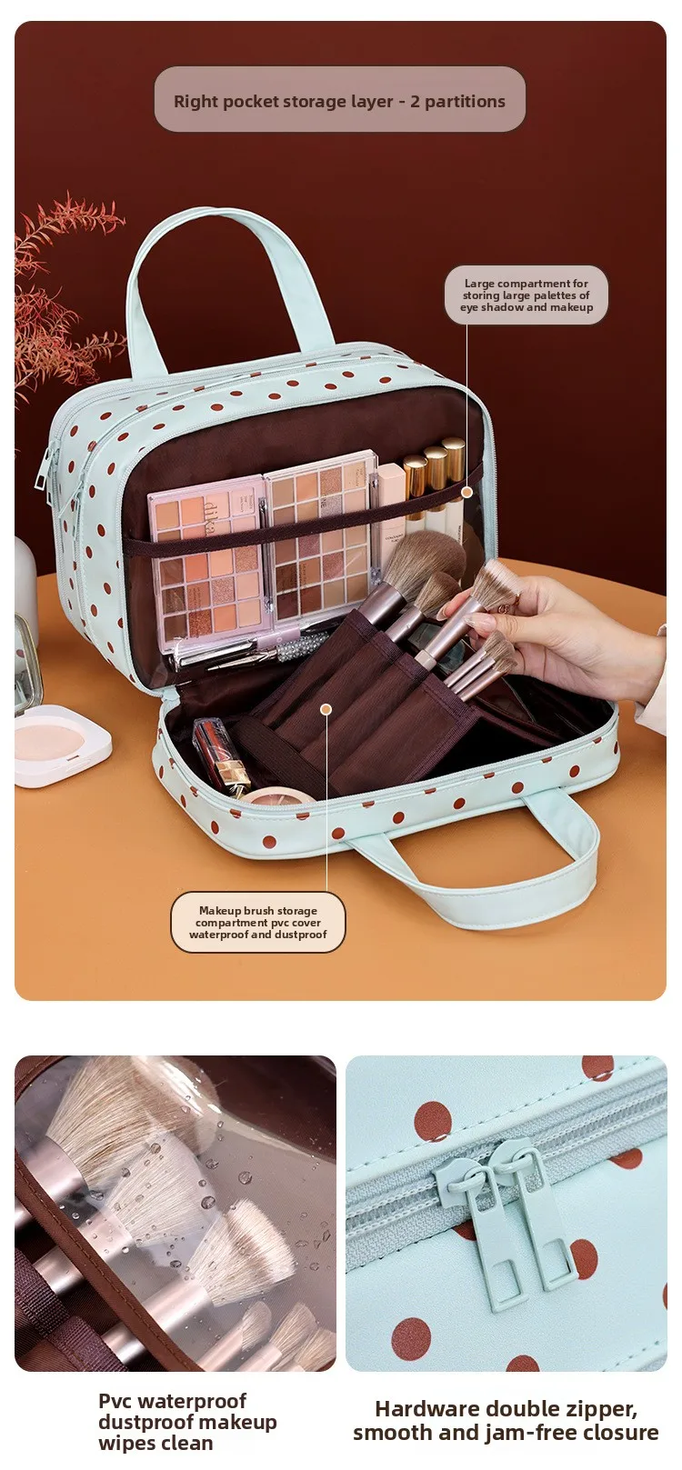 Polka Dot Make-up-Tasche mit großem Fassungsvermögen, tragbarer Reise-Kosmetik-Organizer, wasserdichte Hand-Kulturtasche für Damen – Detail 6