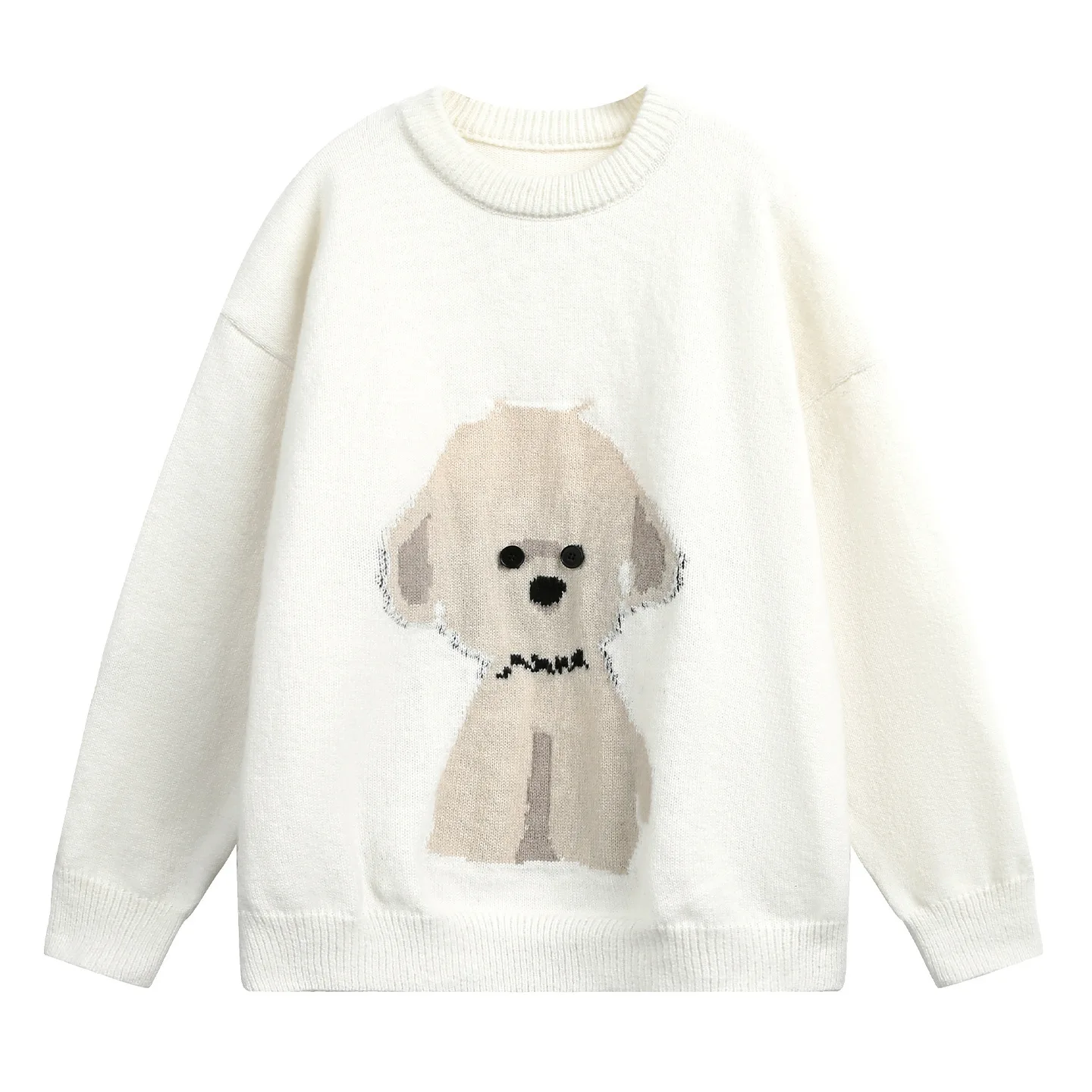 High Quality Cartoon Dog Print Knitted Sweater Men Crew Neck Winter Warm Soft Casual Loose Streetwear Oversize Pullover Men