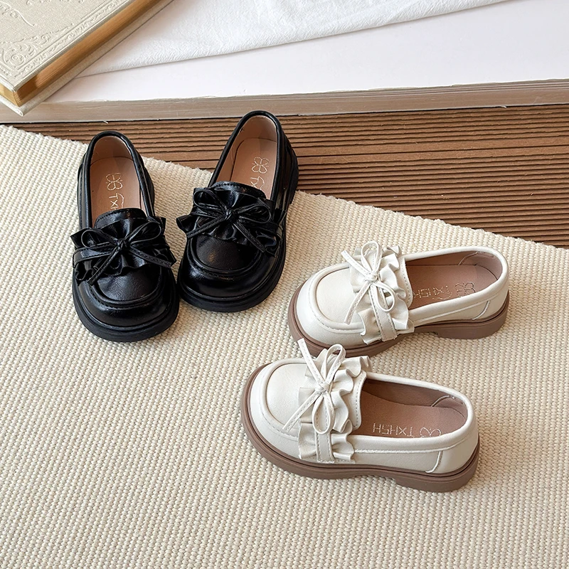 

Детские кожаные туфли-лоферы для девочек с бантом, модные плиссированные повседневные туфли без каблука для школы и праздников, весна 2026