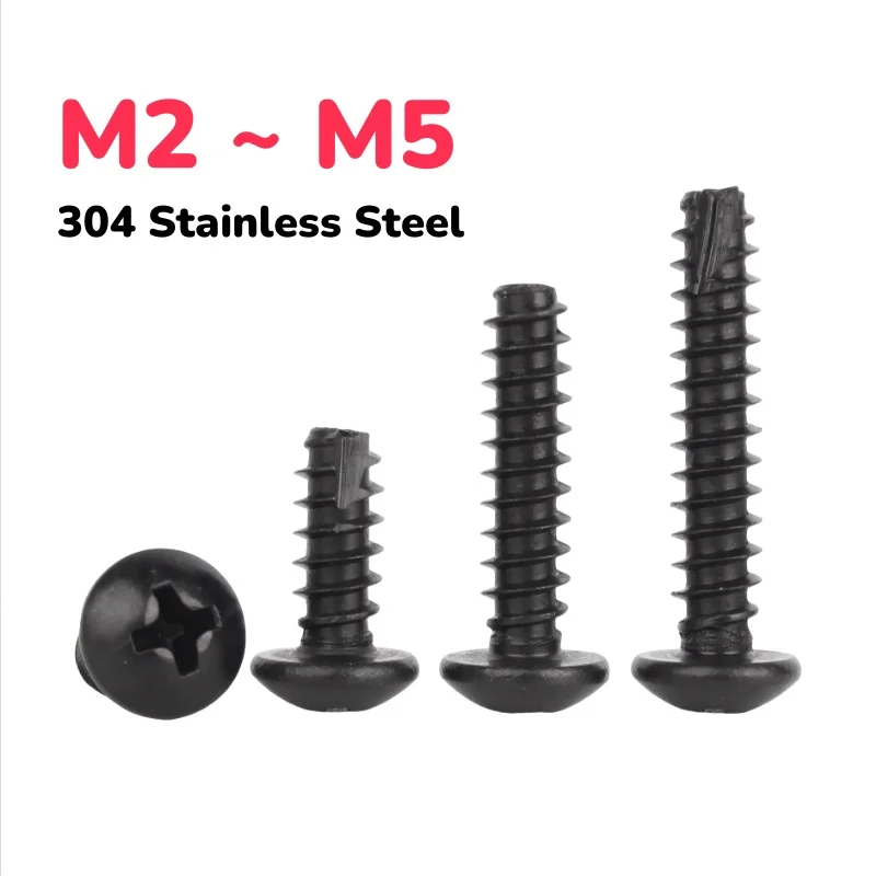 M2 ~ M5 304 الفولاذ المقاوم للصدأ الأسود PT عموم جولة رئيس الذاتي التنصت الخشب المسمار الذيل قطع فيليبس الصليب راحة