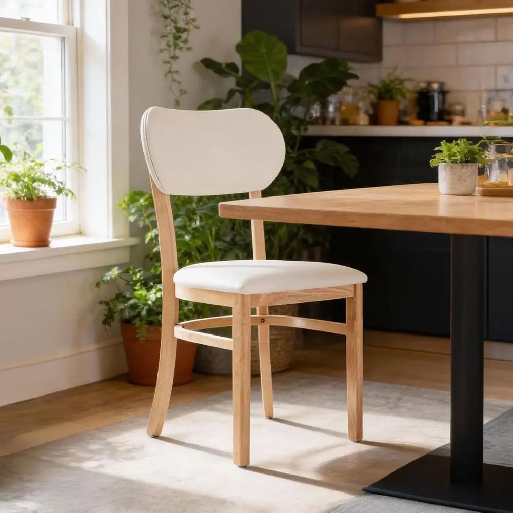

Set of 2 Natural Oak Dining Chairs with PU Leather Cushioned Seats and Rounded Backs