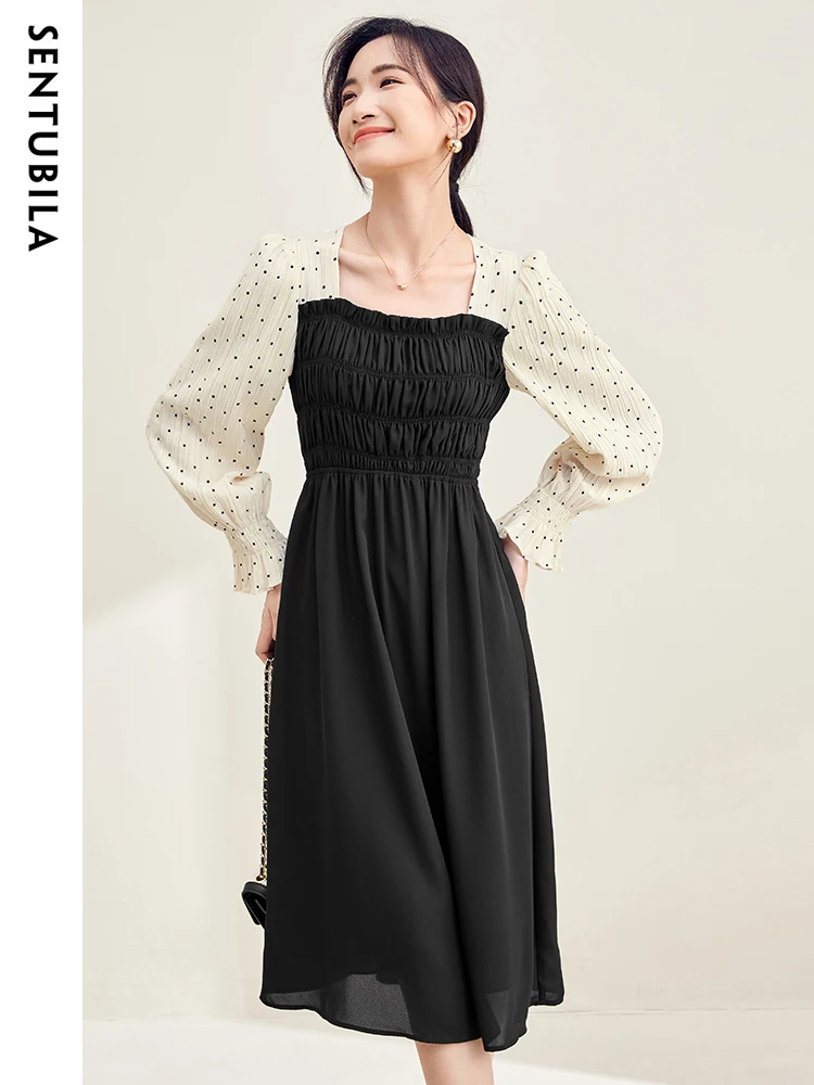 

SENTUBILA Polka Dot Patchwork Chiffon Dress Women Spring Autumn New Elegant Chic Temperament Black French Lady Dresses 133L50841