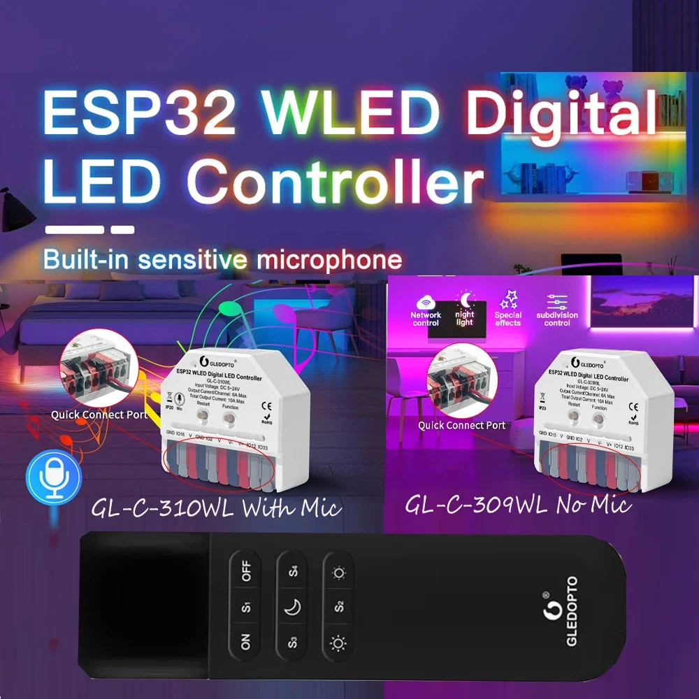 GLEDOPTO ESP32 WLED LED Controller Mini Controller DC5~24V Use For WS2811 WS2812 SK6812 TM1814 WS2813 WS2815 Strip