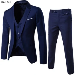 Mannen Blazers 3 Stuks Sets Elegant 2 Pakken Bruiloft Luxe Business Jassen Vest Broek Blauwe Jassen 2023 Formele Koreaanse