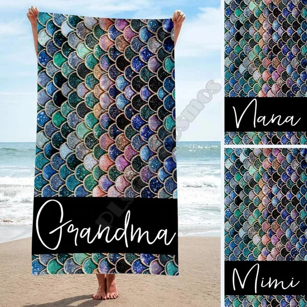 Personalized Grandma mermaid tail in the ocean beach towel 3D Full Printing Beach Towel