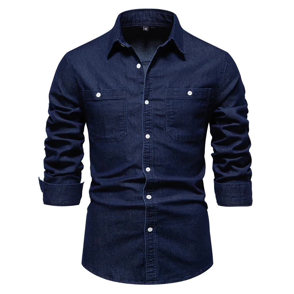 

2024 New Autumn Men's Denim Shirt Cotton Elastic Casual Social Design Double Pockets Slim Jeans Shirts for Men