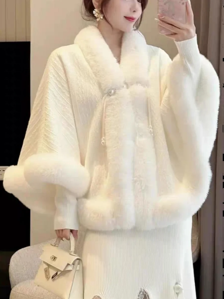 Thickened Cloak Shoulder Wrap for Women Matching  Autumn Winter Faux Fur Collar Warm New Chinese Style Outer Cardigan
