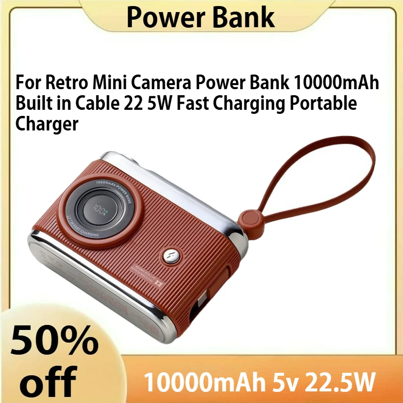 

For Retro Mini Camera Power Bank 10000mAh Built in Cable 22 5W Fast Charging Portable Charger