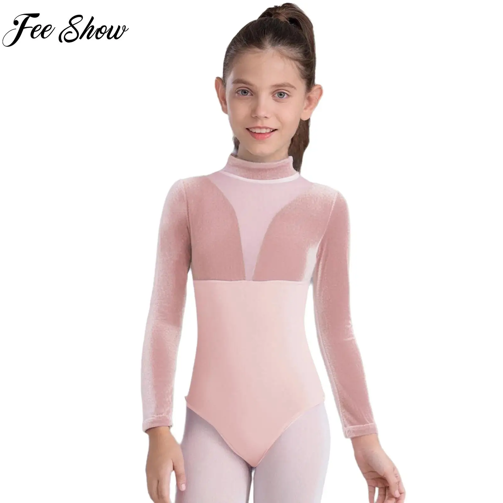 

Kids Cotton Ballet Dance Leotard Girl Rhythmic Gymnastics Performance Costume Long Sleeves Zipper Velvet Mesh Bodysuit Dancewear