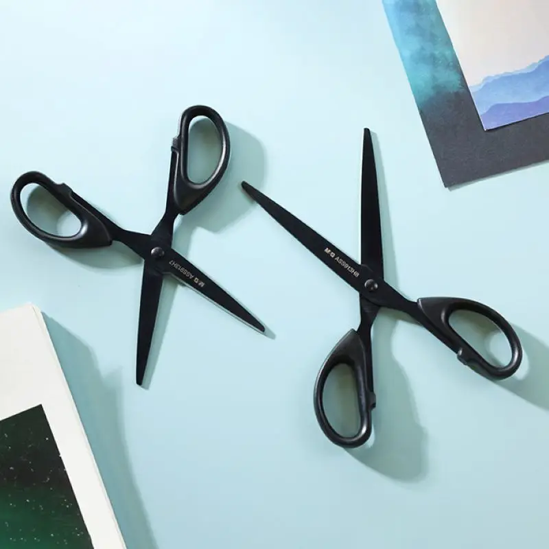 Black Scissors All Purpose Stainless Steel Blade, Non-Sticking Fluorine Coating Blade Student Paper Cuttings For Adhesive Tape