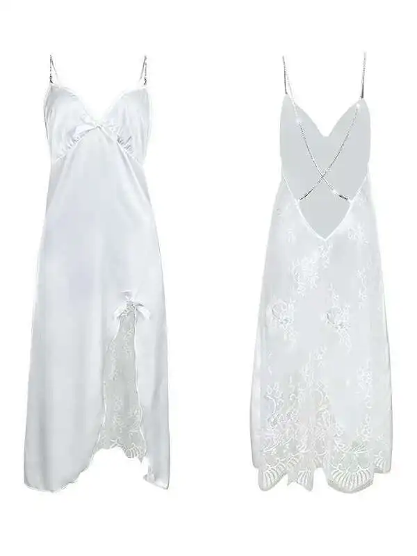 Witte Nachtkleding Sexy Lange Nachtjapon Vrouwen Satijnen Lingerie Zomer Nieuwe Homedress Loungewear Pijama Sexy Jurk Elegant Casual LJRN