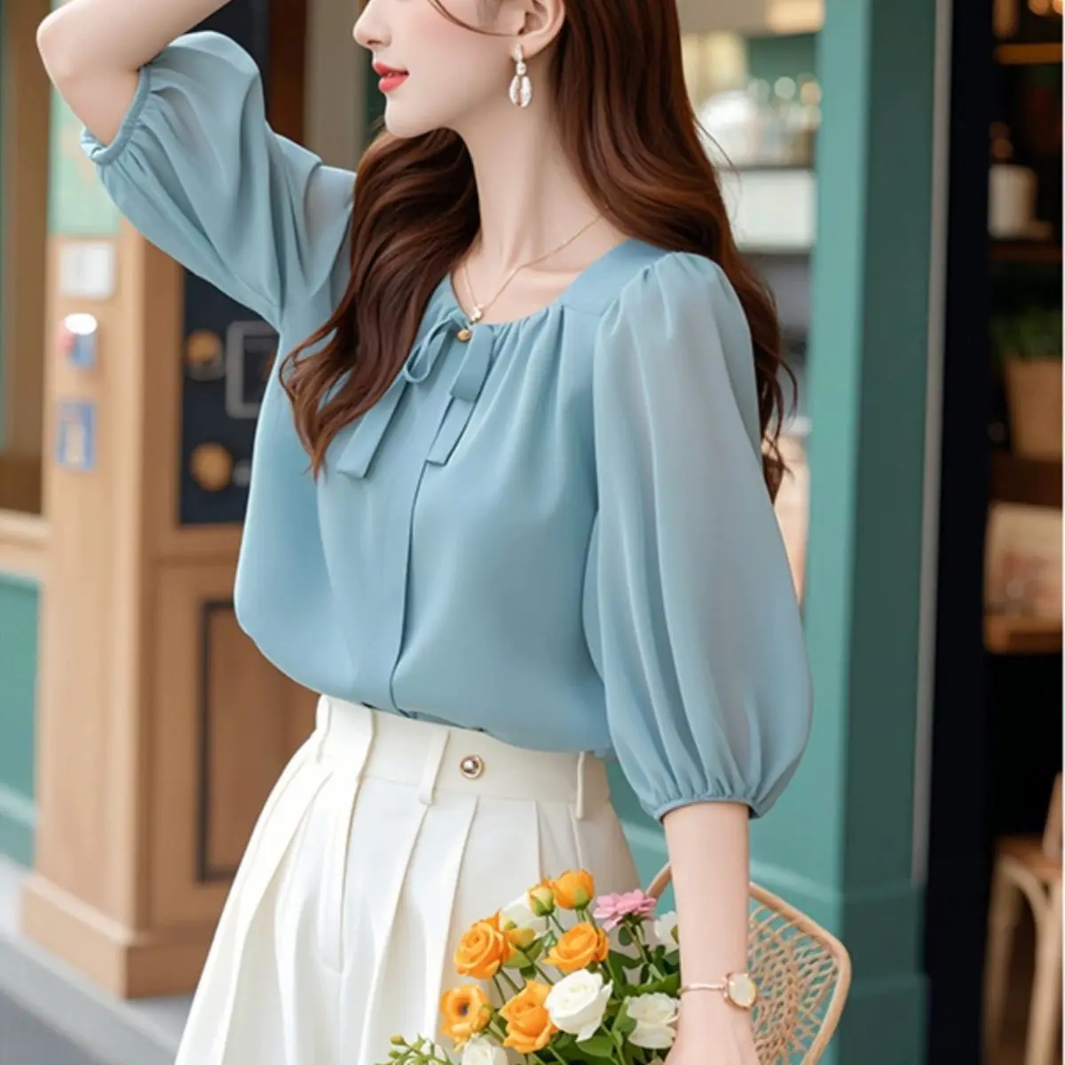 

Chic Korean Sle Casual Blue Chiffon irt Women's Summer Top Age Defng Cute Commute Friendly Seven Sve Length round Ne