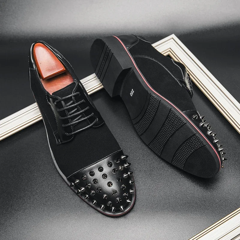 Men Shoes Punk Rivet Black Lace-up Breathable Casual Fashion Handmade Shoes for Men with Men Dress Shoes