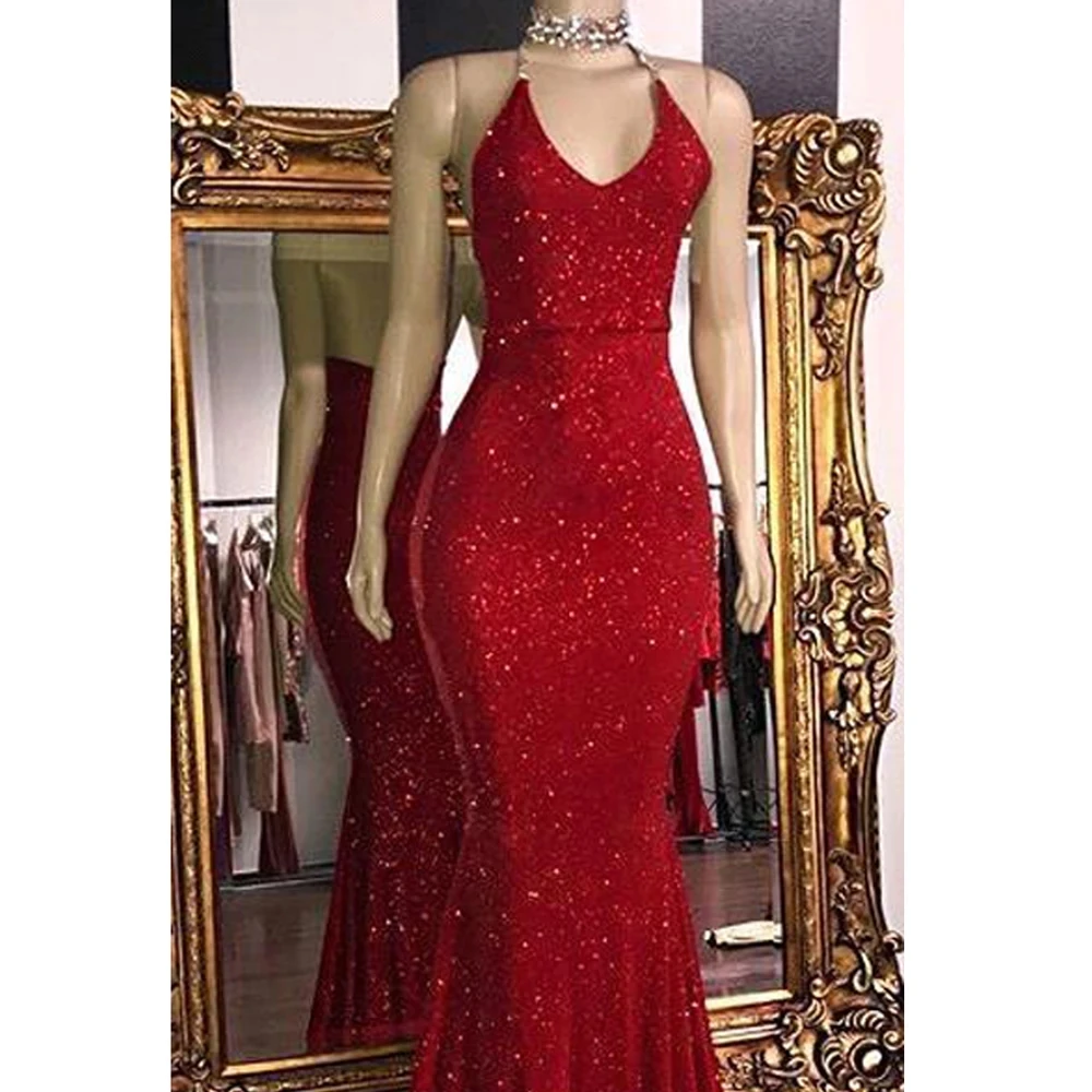 Sexy Backless Halter Sparkly Red Sequined Evening Dresses For Women 2023 Mermaid Robe De Soiree Prom Gown Wedding Party Vestidos