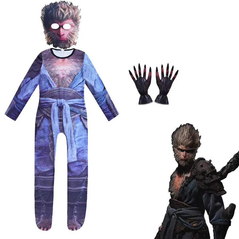 Zz04zz12Kids الأسود أسطورة Wukong تأثيري حللا الدعاوى الأولاد تمويه القرد الملك ازياء طفل الفتيات هدايا حفلة الهالوين مضحك