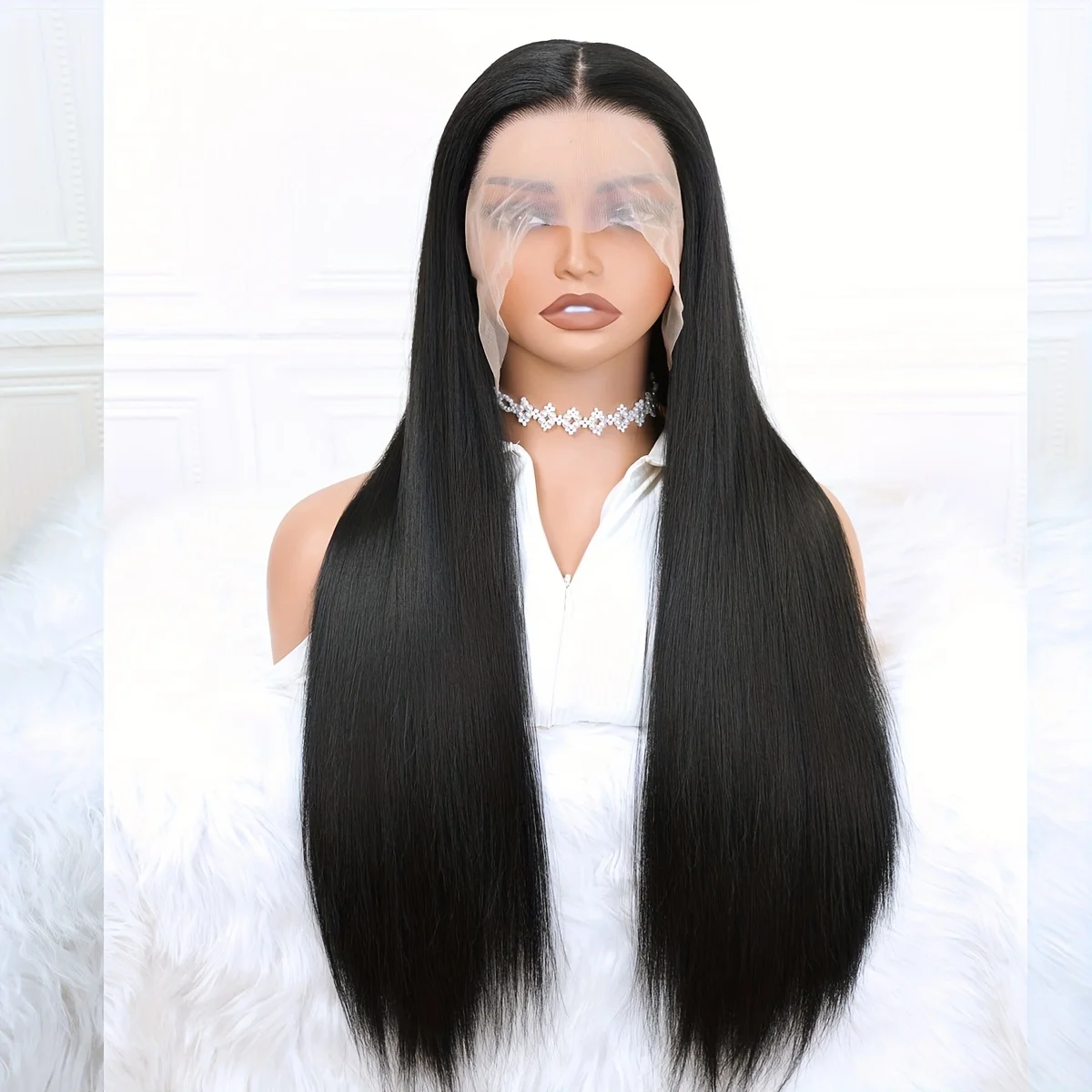 Soft Black Straight Wide 13X4 Lace Front Hair Wig Middle/Side/Free Part Long 28 Inches 180 Density Synthetic for Women