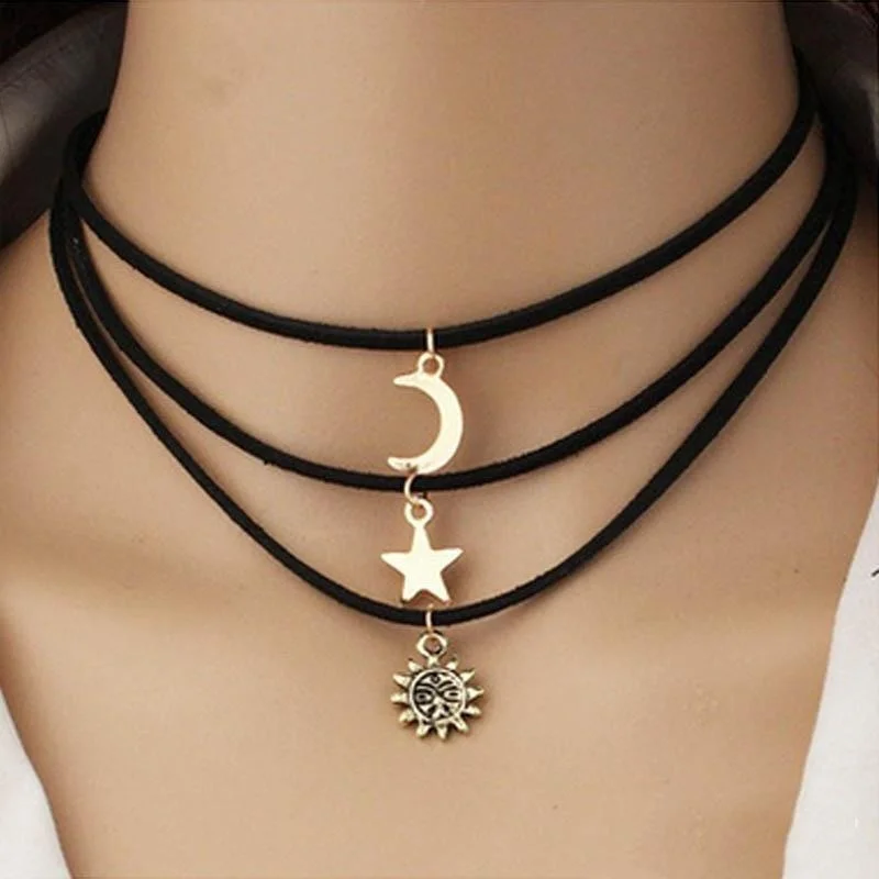 Multi-layer Suede Necklace Fashion Simple Star Moon Shape Choker Necklace Women Exaggerated Collar  Necklaces