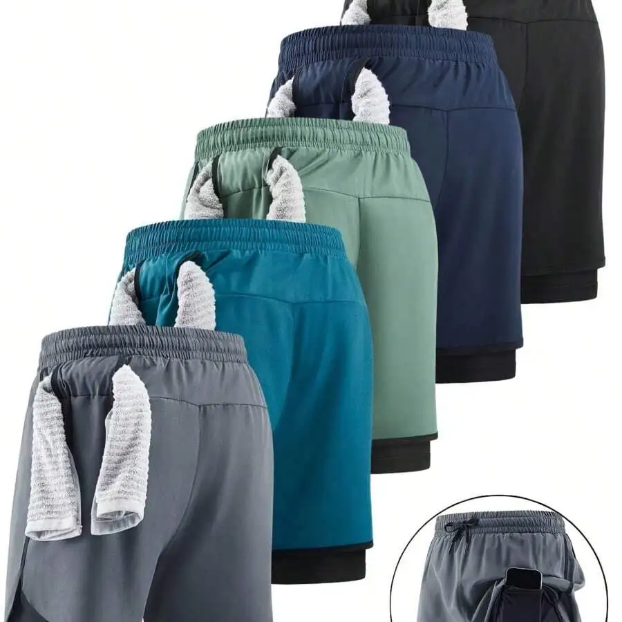 

5pcs Mens Quick-Dry Breathable Two-In-One Sports Shorts For Running Training Beach Casual Summer