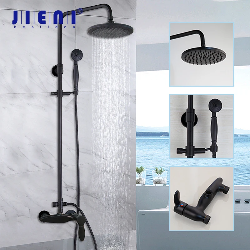 

JIENI Black ORB Shower Set Wall Mount Rainfall 8 Inch Round Head 2 Ways 1 Handle Bathroom Bathtub Shower Faucet Set Mixer Taps