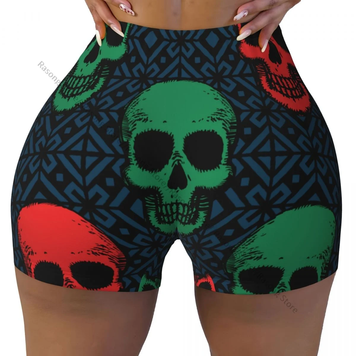 Push Up Short Elasticity Scrunch Butt Colorful Skulls Illustration Running Shorts Sports Shorts Womens Clothes Gym