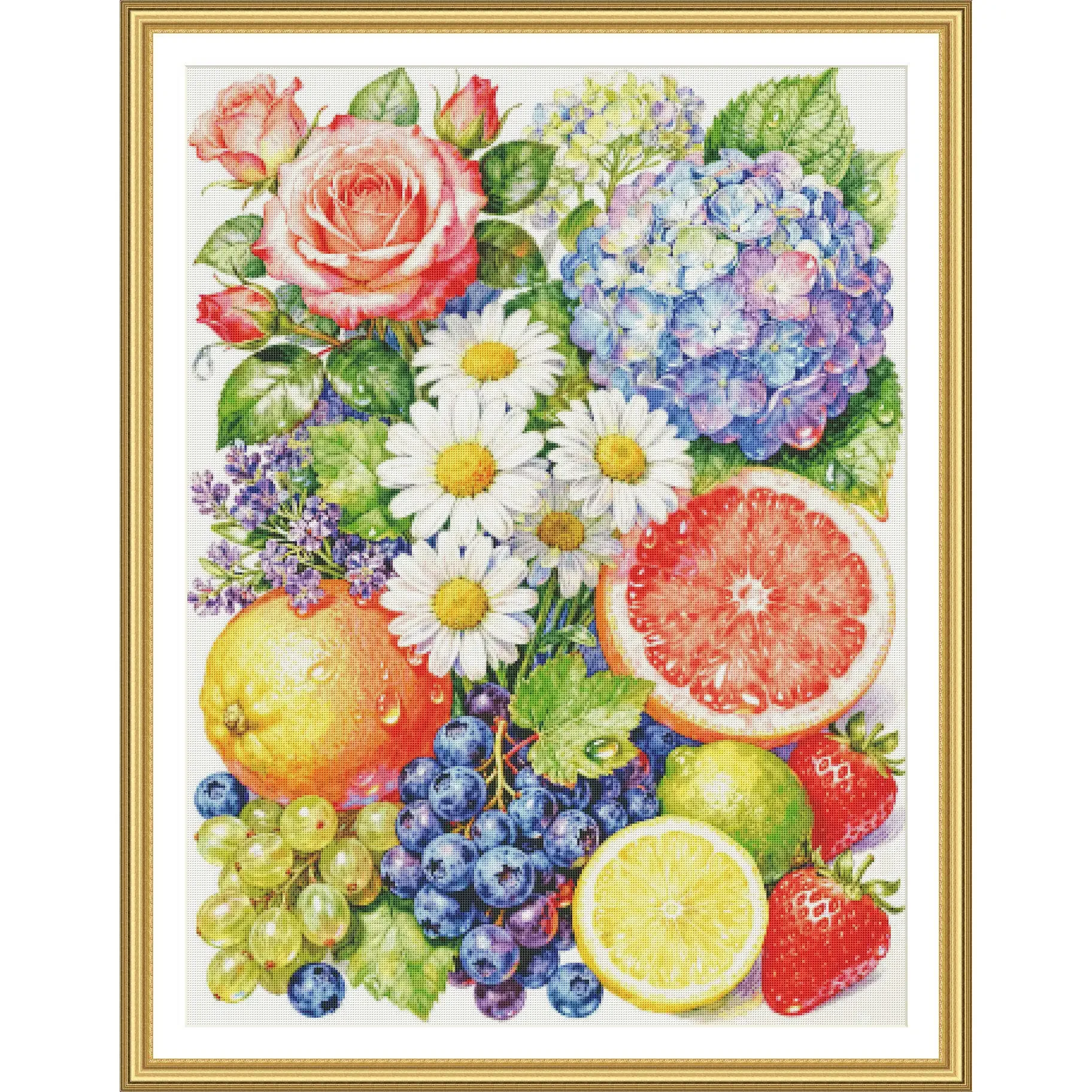 [ZZ8099-Summer Flowers and Fruits] Stamped Cross Stitch Kit 11/14/16/18CT Printed Canvas Cotton Thread DIY Embroidery Wall Decor
