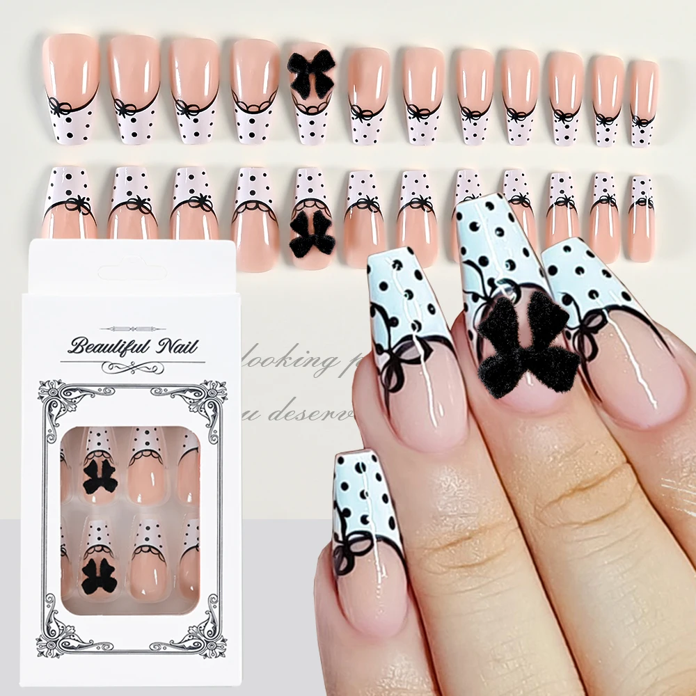 

1 коробка Ретро Черный Белый Горошек Накладные Ногти Лента Лук Кружева Французский Y2K Пресс на Ногти Для Женщин Японский Стиль Девушки Маникюр