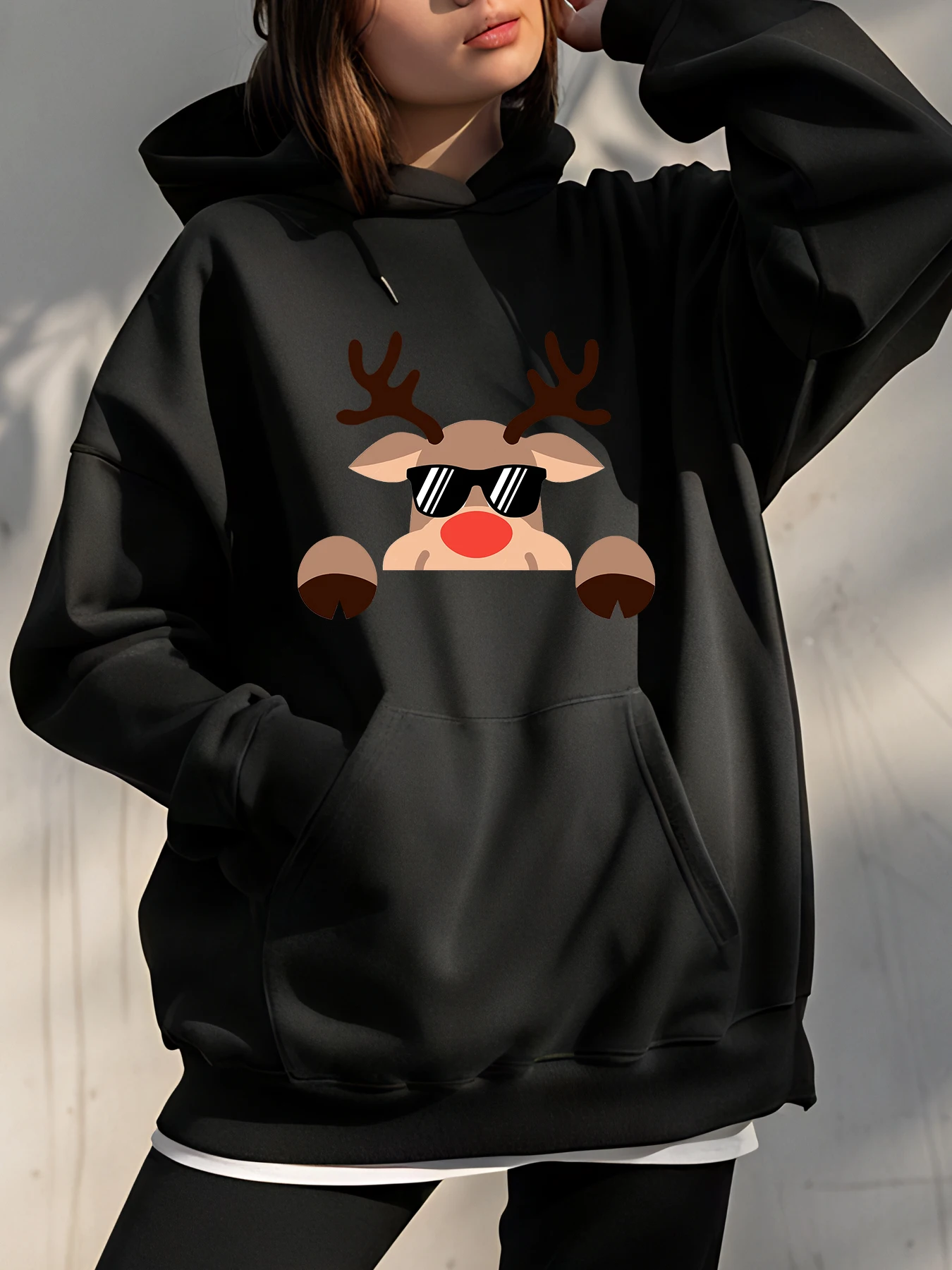 

Рождественская толстовка с принтом оленей и солнцезащитными очками, женская повседневная уличная одежда, зимняя мода