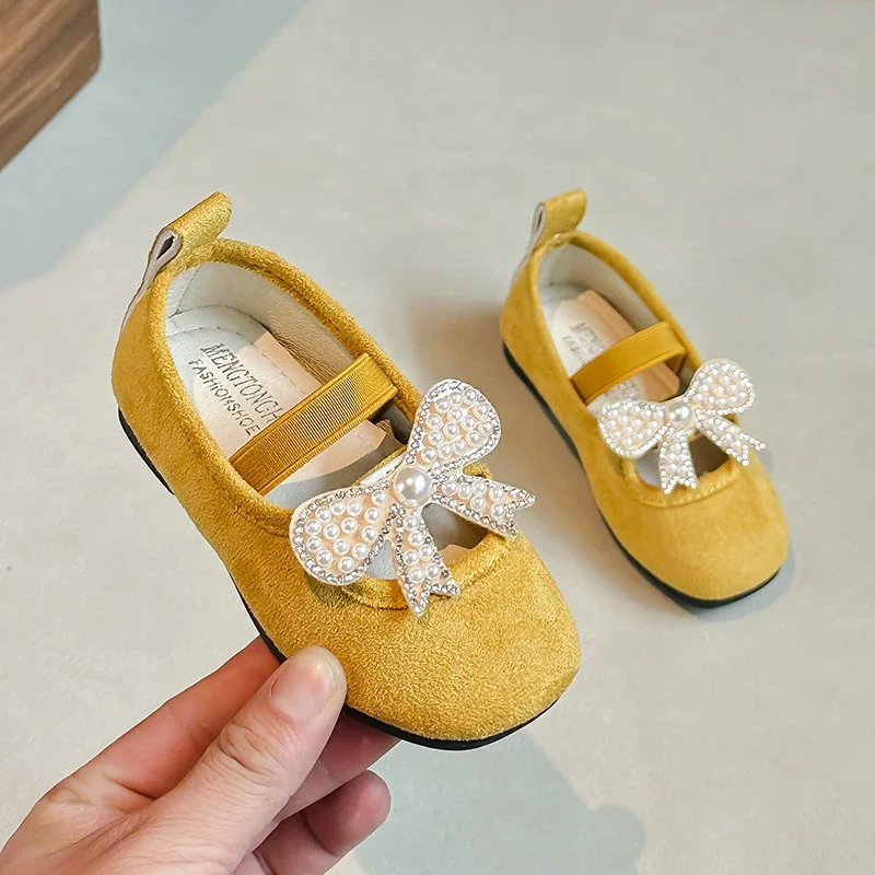 Girls Moccasins Sweet Pearls Elegant Slip-on Children Flat Shoes Soild Color Cute 2025 New Kids Loafers Non-slip Soft Comfort