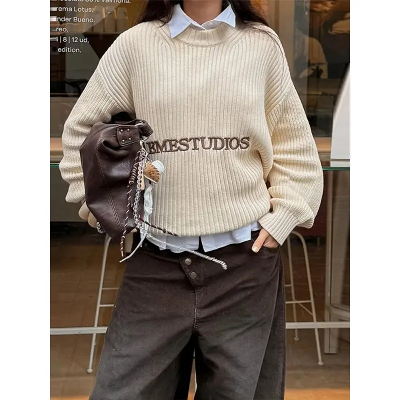 

Женский новый весенне-осенний вязаный свитер с капюшоном, круглым вырезом, белой вышивкой, свободного кроя, в стиле «ленивый шик»